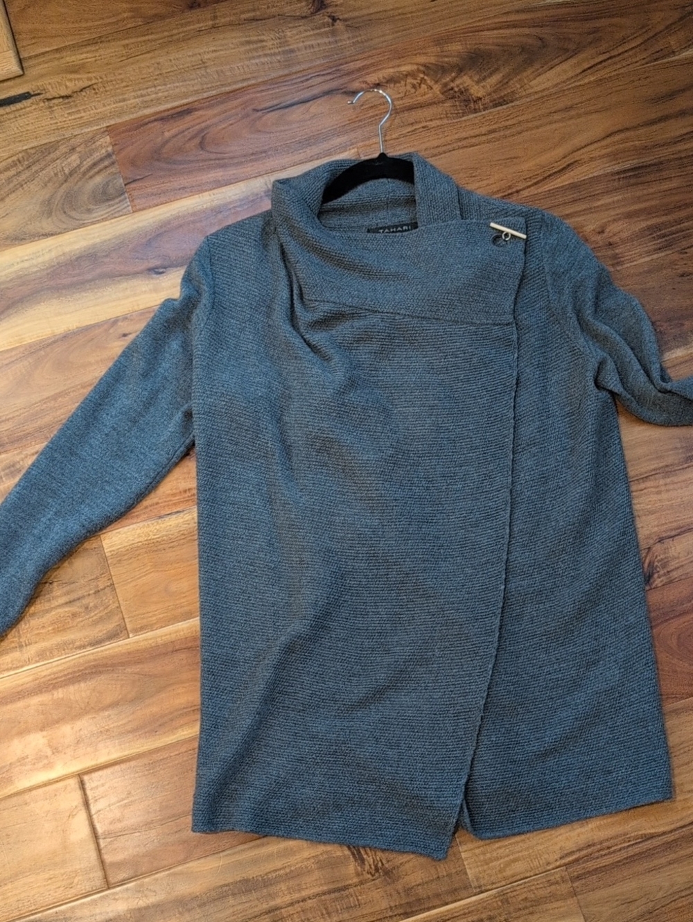 Tahari Gray Blue Asymmetric Wool Blend Wrap Cardigan with Toggle button